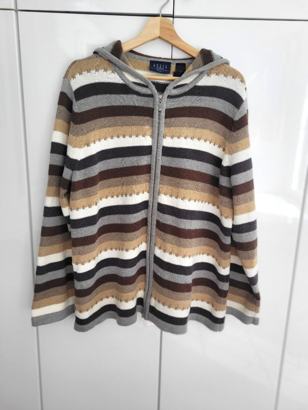 Vintage Liz Claiborne Crazy Horse Y2K Striped Hooded Zip Cotton Sweater Size 2X